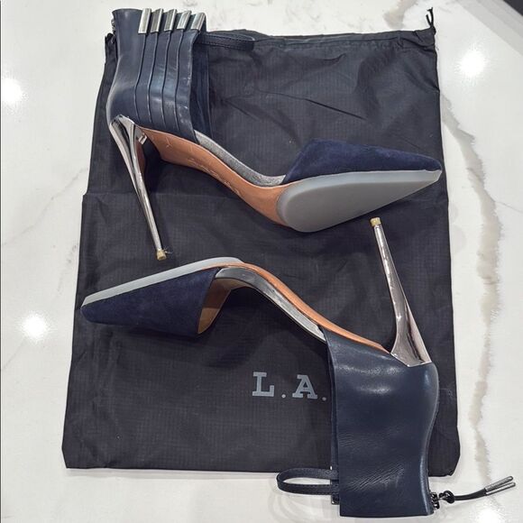 L.A.M.B. Navy and Silver Suede, Leather and Metal Heels - Picture 7 of 16
